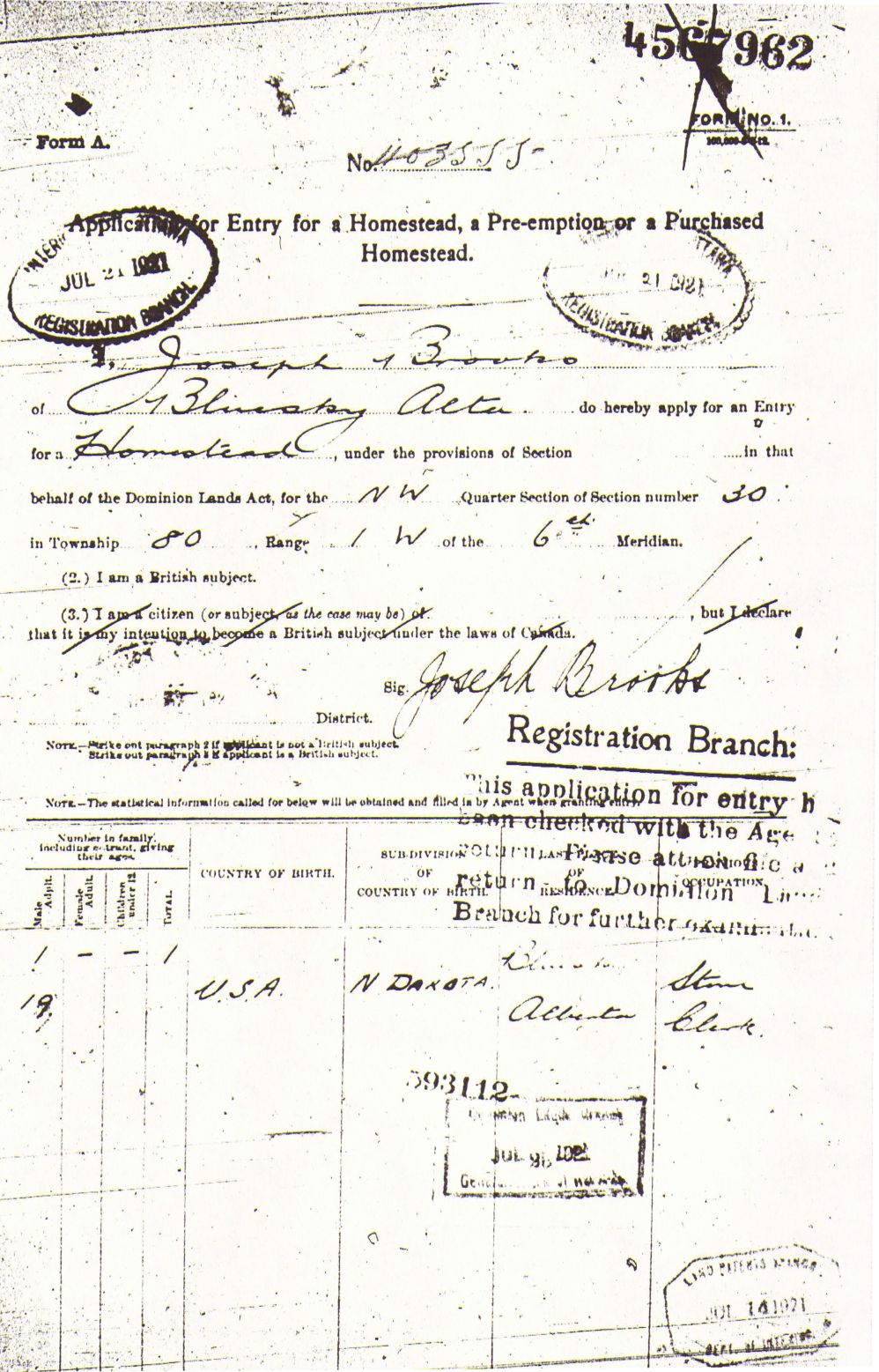 Provincial Archives of Alberta File 3168678 - Joseph Brooks -Form A